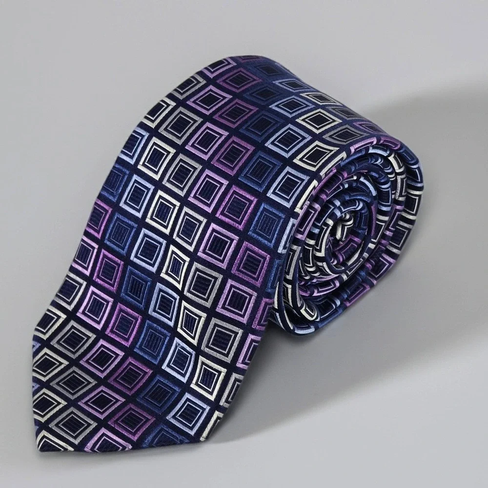 Michael Kors Mens‎ Silk Tie Navy Blue Purple Geometric Square Pattern RN 121148